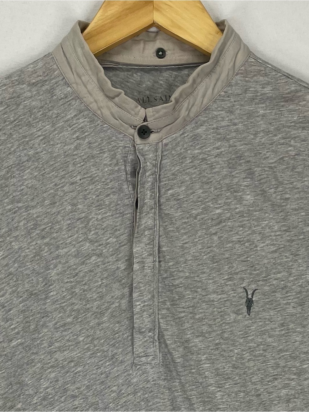 AllSaints Shirt Mens Large Heather Gray Short Sleeve Henley Polo Tee Band Collar